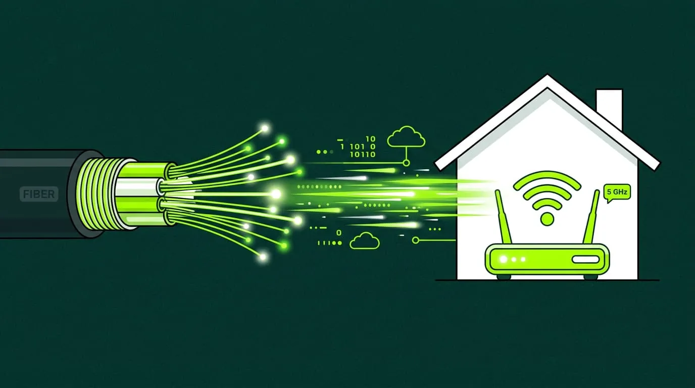 Ilustración de fibra óptica llevando datos a un edificio