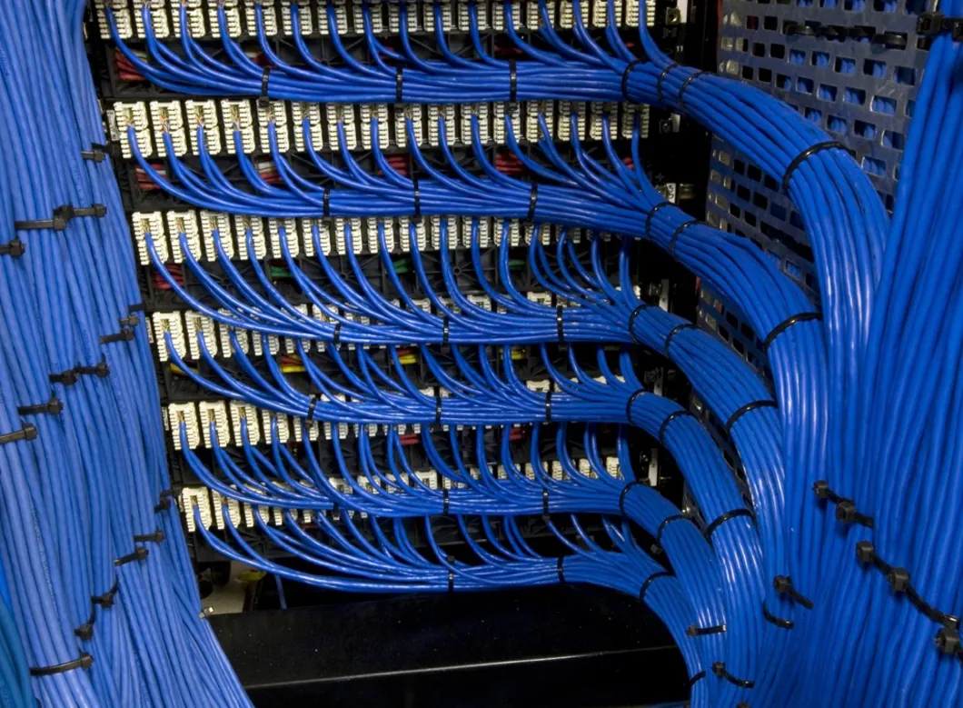 Rack de cableado estructurado con cables azules